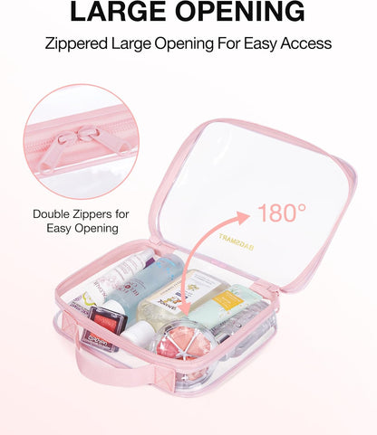 BAGSMART TSA Approved Clear Toiletry Bag, 3 Packs Quart Size Water Resistant Makeup Cosmetic Bags for Women, Airport Airline Travel Essential Carry On Organizer with Handle Large Opening, Pink