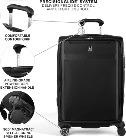 Travelpro VersaPack+ Lightweight Softside Expandable Checked Luggage, 8 Spinner Suitcase, TSA Lock, Men and Women, Checked Medium 25-Inch, Black
