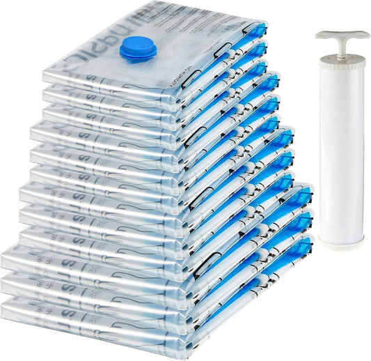Amazon Basics Vacuum Compression Space Saving Storage Bags with Hand Pump for Travel, Multiple Sizes for Clothes and Blankets, Clear, 12 Pack (3 Small, 3 Medium, 3 Large & 3 Jumbo)
