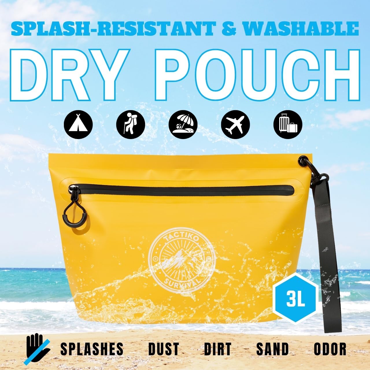 3-Pack Tactiko Heavy-Duty Splash Water Resistant Zipper Pouches - Hold-All Organizers for Dry Bags, Travel Bags (3, Blue/Yellow/Black)