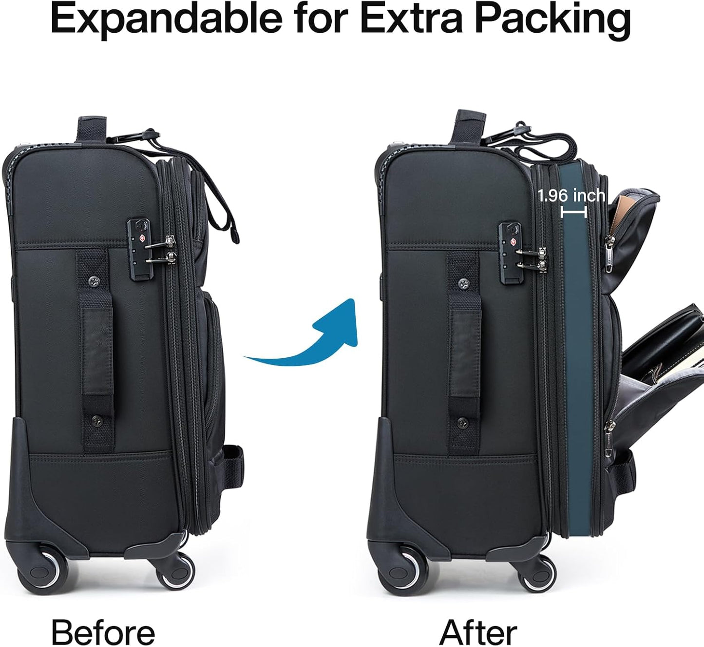 Hanke 20 Inch Softside Expandable Carry On Luggage with Spinner Wheels, Rolling Suitcase Travel Luggage with TSA Approved Luggage,Black