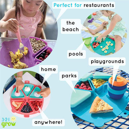 On-The-Go Snack Mat – Baby Silicone Travel Dining Placemat – Portable Silicone Toddler Plate – Reusable Snack Container with 3 Compartments and Lids for 6 Months + (Ocean)
