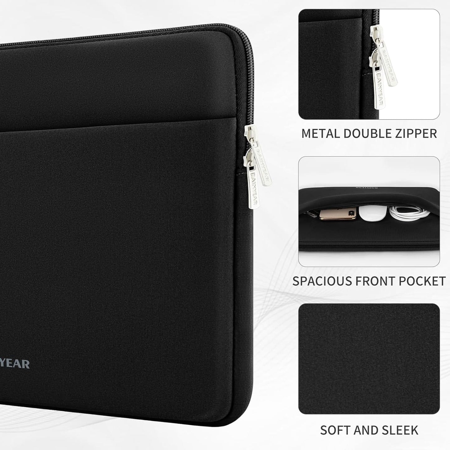 RAINYEAR Laptop Sleeve Case 15 16 Inch, Protective Portable Case with Front Pocket, Briefcase Handbag Computer Cover Laptop Bag Compatible for MacBook Pro/Max M4 M3 M2 M1, Black