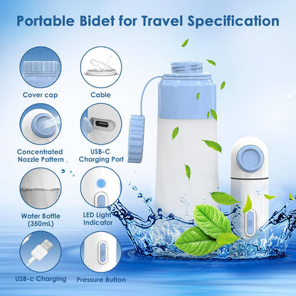Portable Bidet for Travel – 350ml High Pressure Handheld Electric Portable Bidet - IPX7 Waterproof, Pocket-Sized Rechargeable Travel Budet Bottle for Women, Men & Baby - Personal Hygiene Cleaning