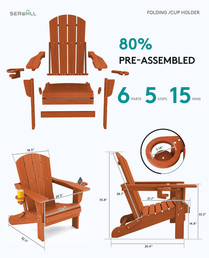 SERWALL Adirondack Chair with Cup Holders - Composite Adirondack Chairs Set of 6 HDPE Outdoor Chairs All Weather Use- Orange