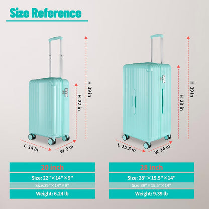 Carry-on 20 Inch and 28 Inch Square Thickened ABS+PC Hard Shell luggage, 2-Piece Suitcase Set with TSA Lock & Dual Zipper Mesh Inner Layer Design, Mint Green