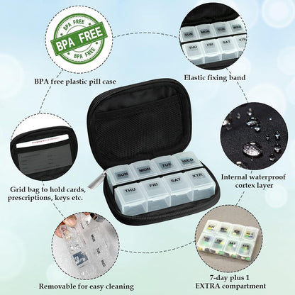 Serfeymi Weekly Travel Pill Organizer Pill Case for Purse with Removable 7 Day Pill Box, Fashionable Travel Medicine Organizer Pill Container for Medicine, Vitamin, Supplement - Brown 02 + Pill Box