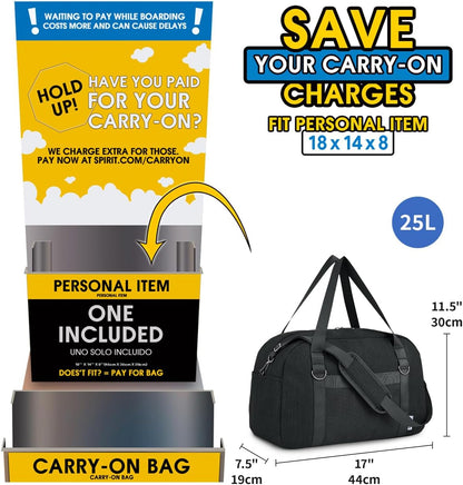 Narwey For Spirit Airlines Personal Item Bag 18x14x8, Small Duffle Bag for Travel, Duffel Bag for Traveling, Carry on Bag for Airplanes Underseat Overnight for Women and Men (Black)
