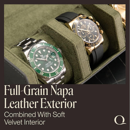 Napa Leather Watch Rolls for Men - Hexagon Triple Watch Roll Travel Case for 3 Watches - Storage Organizer Genuine Leather with Velvet Interior Display (Gray/Green)