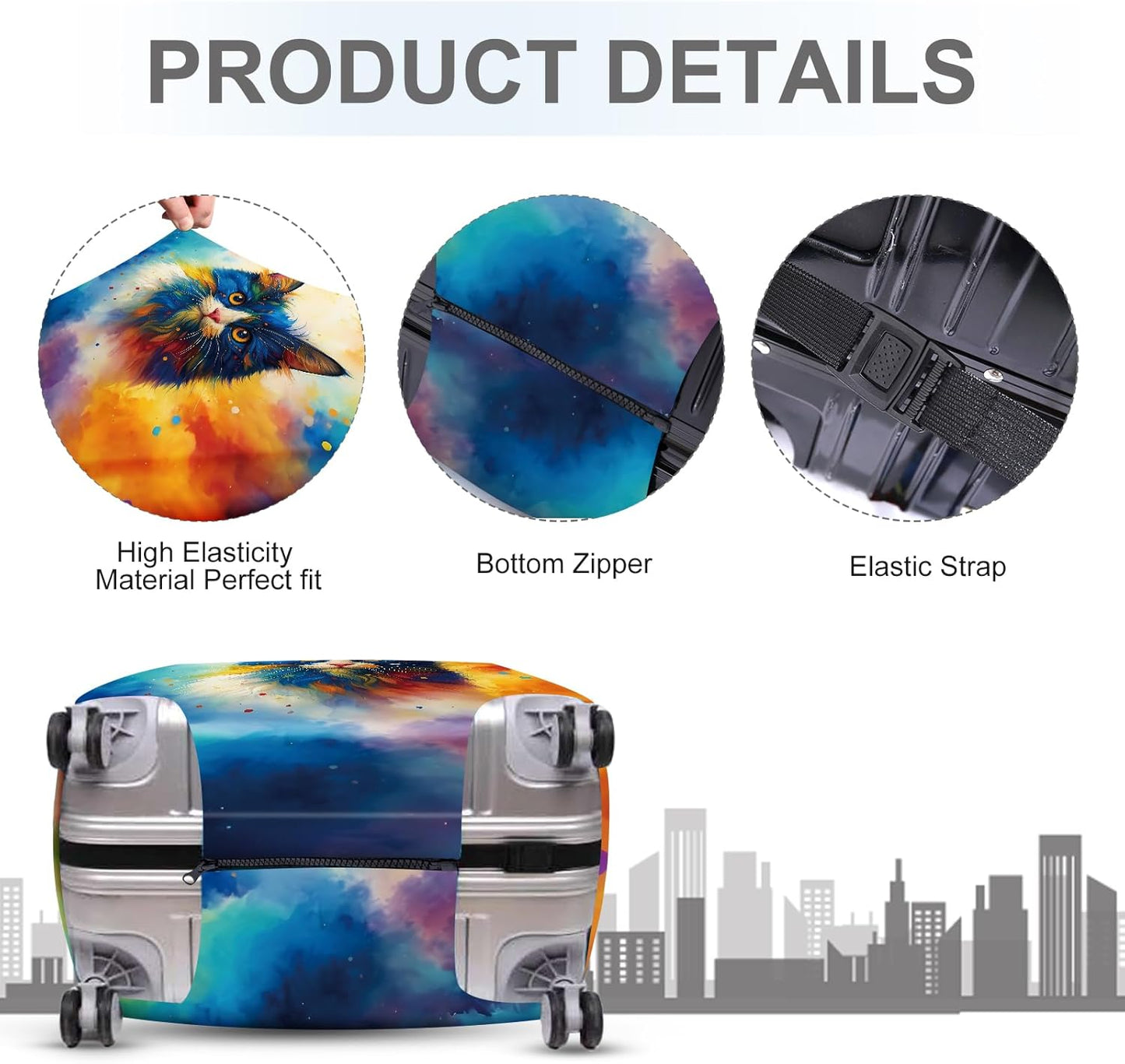 ANNA QUEEN Colorful Cat Luggage Cover, Artistic Blue Cat Design with Rainbow Colors, Stretchable, Washable Travel Sleeve for 28-30 Inch Suitcases
