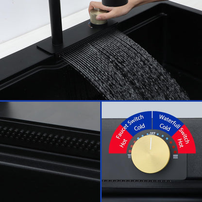 Dcolora Waterfall Smart Kitchen Sink 33x22 Drop In Single Bowl Multifunctional Kitchen Sinks With Faucet And Cup Washer,33 Inch Granite Composite (Black) DC-SFDOE00002
