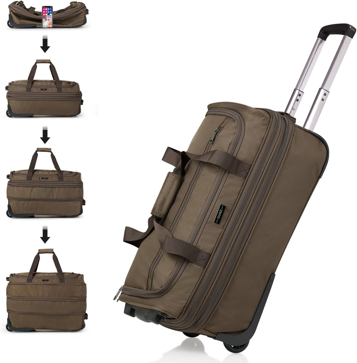 Hanke Expandable Carry On Luggage Suitcases with Wheels Foldable Duffle Bag for Travel Carry On suitcase Weekend Bag for Women Men（Coffee）