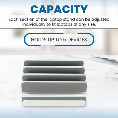Multiple Laptop Holder Adjustable Laptop Stand Holds 5 Devices, Fits All MacBooks Laptops Tablets and Mobiles (up to 17.3'), Closed Upright Vertical Laptop Stand for Desk