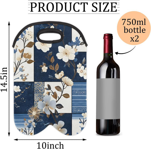 Neoprene Wine Tote, Bottle Carrier Gag Insulating Neoprene Thicker, Insulated Wine Bag for Travel Holds Two Bottles, Bottle Carrier Bags Protect the Bottles, Blue Flowers