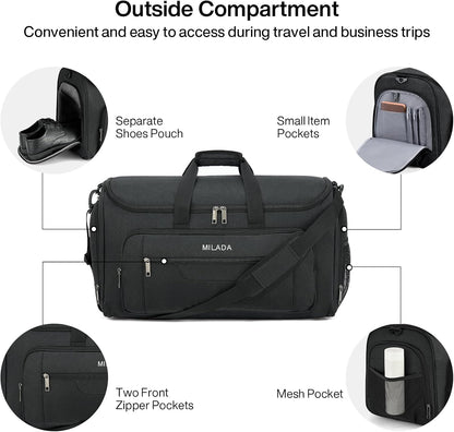 MILADA Convertible 2-in-1 Garment Duffel Weekender Bag Carry On Garment Bags for Travel Hanging Clothes Suit Bag Foldable Personal Item Business Overnight Bag with Shoe Compartment, Black
