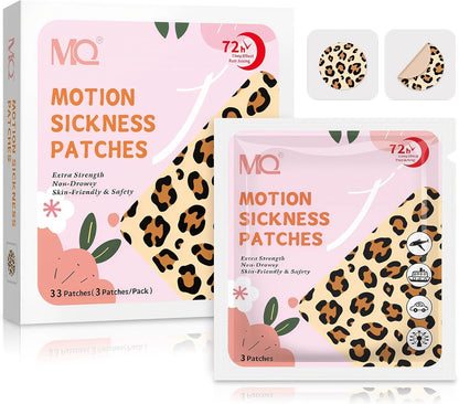 MQ 33ct Motion Sickness Patch Non Drowsy, Sea Sickness Patches for Cruise Ship Travel, Waterproof Patch Behind Ear for Car Airplane Altitude Sickness, Long Last 72H, Leopard Pattern