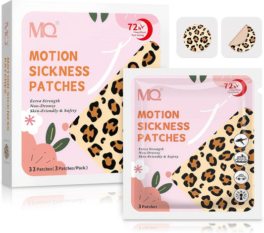 MQ 33ct Motion Sickness Patch Non Drowsy, Sea Sickness Patches for Cruise Ship Travel, Waterproof Patch Behind Ear for Car Airplane Altitude Sickness, Long Last 72H, Leopard Pattern