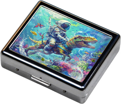Cute and Portable Metal Pill Organizer – 8 Compartments, Elegant Chrome Finish, Ideal for Travel and Daily Use (Astronaut Riding Dinosaur)