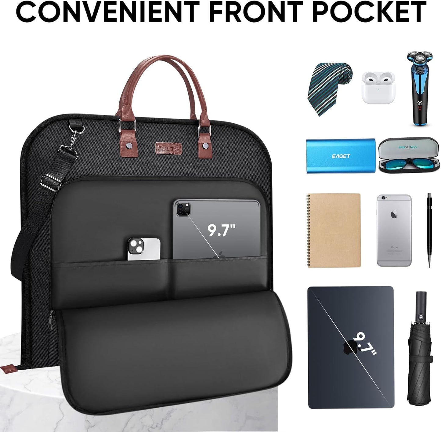BALEINE Travel Garment Bag, Travel Suit Bag for Men, 42'' Waterproof Carry on Garment Bag for Hanging Clothes, Garment Duffel Bag for Travel Business (Black)