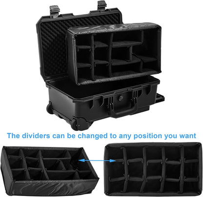 Waterproof Travel Camera Hard Case with Padded Divider, 22 x 14 x 10 Inch, Rolling Case for Camera, Gear, Equipment, Dustproof, Shockproof,Airline Carry-On Approved, Inner 19.8"x 10.9" x 6.8"