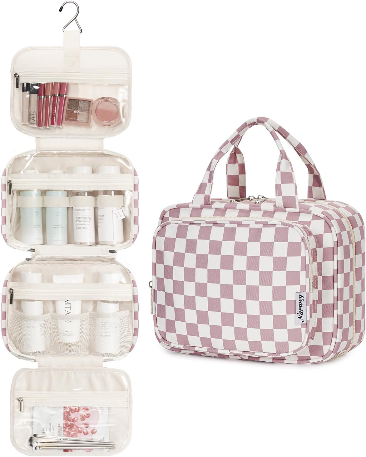 Narwey Hanging Toiletry Bag for Women Travel Makeup Bag Organizer Toiletries Bag for Travel Size Essentials Accessories Cosmetics (Dusty Pink Checkerboard (Medium))