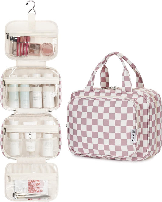Narwey Hanging Toiletry Bag for Women Travel Makeup Bag Organizer Toiletries Bag for Travel Size Essentials Accessories Cosmetics (Dusty Pink Checkerboard (Medium))