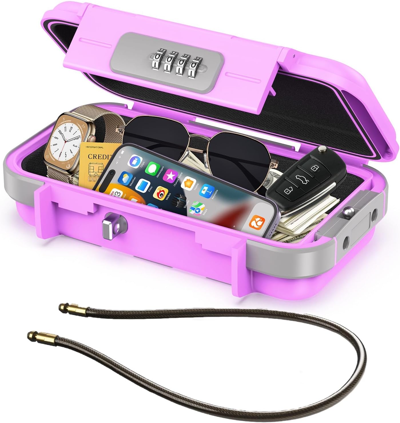 LOFICOPER Portable Safe Box, Travel Safe Lock Box, Waterproof Beach Lock Box, Personal Security Case, with Combination Code, Detachable Steel Rope, for Travel, Beach, Hotel, Home, Office, Pink