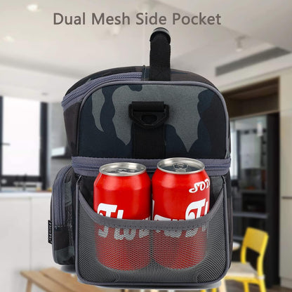 FlowFly Double Layer Cooler Insulated Lunch Bag Adult Lunch Box Large Tote Bag for Men, Women, With Adjustable Strap,Front Pocket and Dual Large Mesh Side Pockets