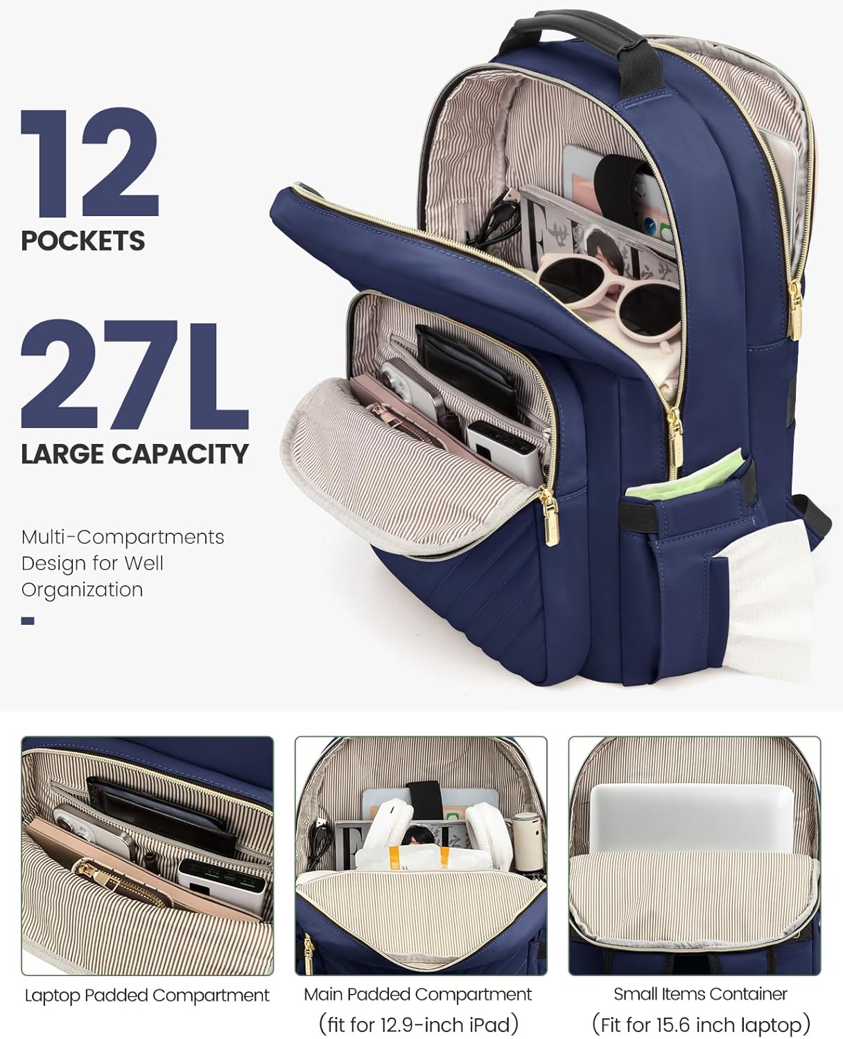 LOVEVOOK Laptop Backpack Purse for Women, Work Business Travel Computer Bags, College Nurse Backpack for Womens, Quilted Casual Daypack with USB Port, Fit 15.6 Inch Laptop, Navy