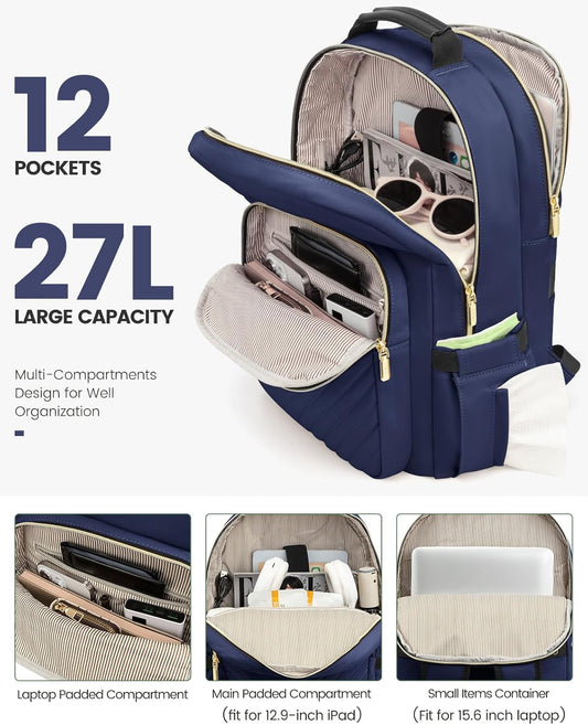 LOVEVOOK Laptop Backpack Purse for Women, Work Business Travel Computer Bags, College Nurse Backpack for Womens, Quilted Casual Daypack with USB Port, Fit 15.6 Inch Laptop, Navy