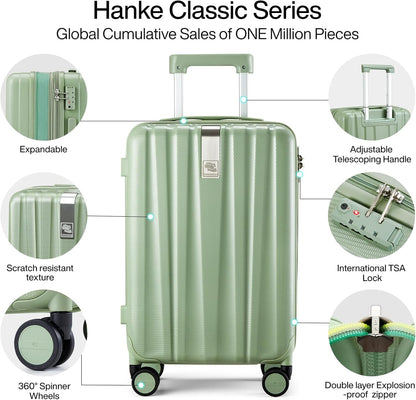 Hanke Expandable Hardshell Luggage Sets 3 piece Carry on Luggage with Wheels Suitcases Lightweight Checked Travel Luggage Rolling Large Suitcase Travel Luggage Bag Woman Men 20/24/29Inch(Bamboo Green)
