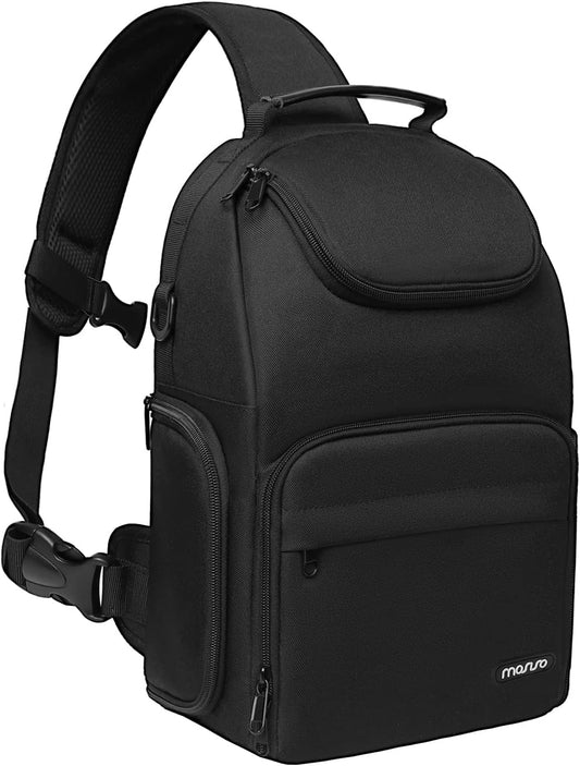 MOSISO Camera Sling Bag, DSLR/SLR/Mirrorless Camera Case Crossbody Photography Backpack with Tripod Holder&Removable Modular Inserts&PU Handle Compatible with Canon/Nikon/Sony, Black