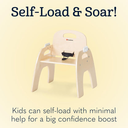 Foundations Easy Serve 9" Wood Feeding Chair for Toddlers, Adjustable Harness, Removable Dishwasher Safe Tray, “No Tip” Base, Baltic Birch Plywood