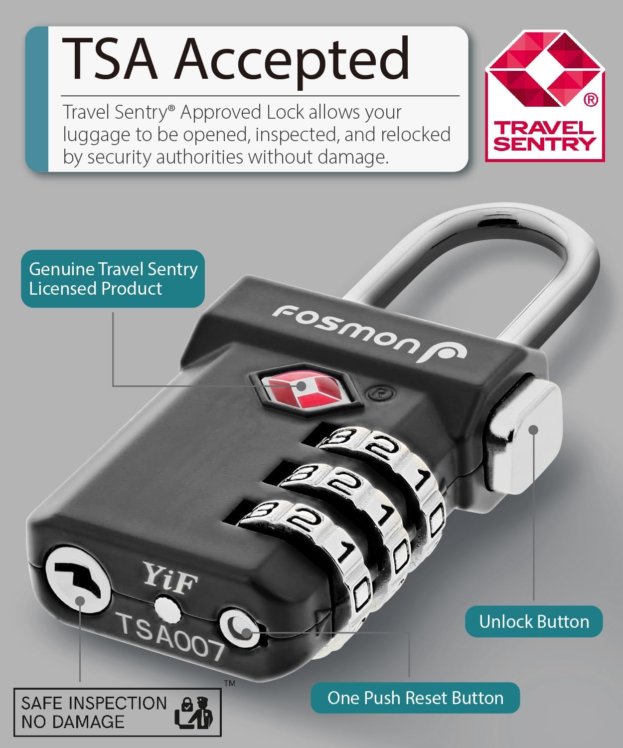 Fosmon TSA Approved Luggage Locks, Suitcase Travel Lock with Push Release Button for Extra Security, 3 Digit Combination Padlock for Gun Case Backpack Zipper Anti Theft Gym Locker - Black, 2 Pack