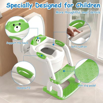 Potty Training Seat for Toddlers - Upgrade 2-in-1 Toilet Seat Toilet Ladder for Kids Children Boys Girls, Anti-Slip Pad & Adjustable Height with Waterproof PVC Cushion - Green