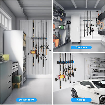 PLUSINNO Fishing Gifts for Men - V6 Vertical Fishing Rod/Pole Holders, Support Extra Large & Heavy Fishing Rod Combos, Fishing Rod Holders for Garage, Wall Mounted Fishing Rod Rack Storage
