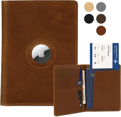 Passport Holder for Men and Women Travel, Real Leather Passport Wallet, Handmade Passport Cover Case with Airtag Slot, Travel Must Haves Essentials Accessories Birthday Gifts(Crazy Horse,Brown)
