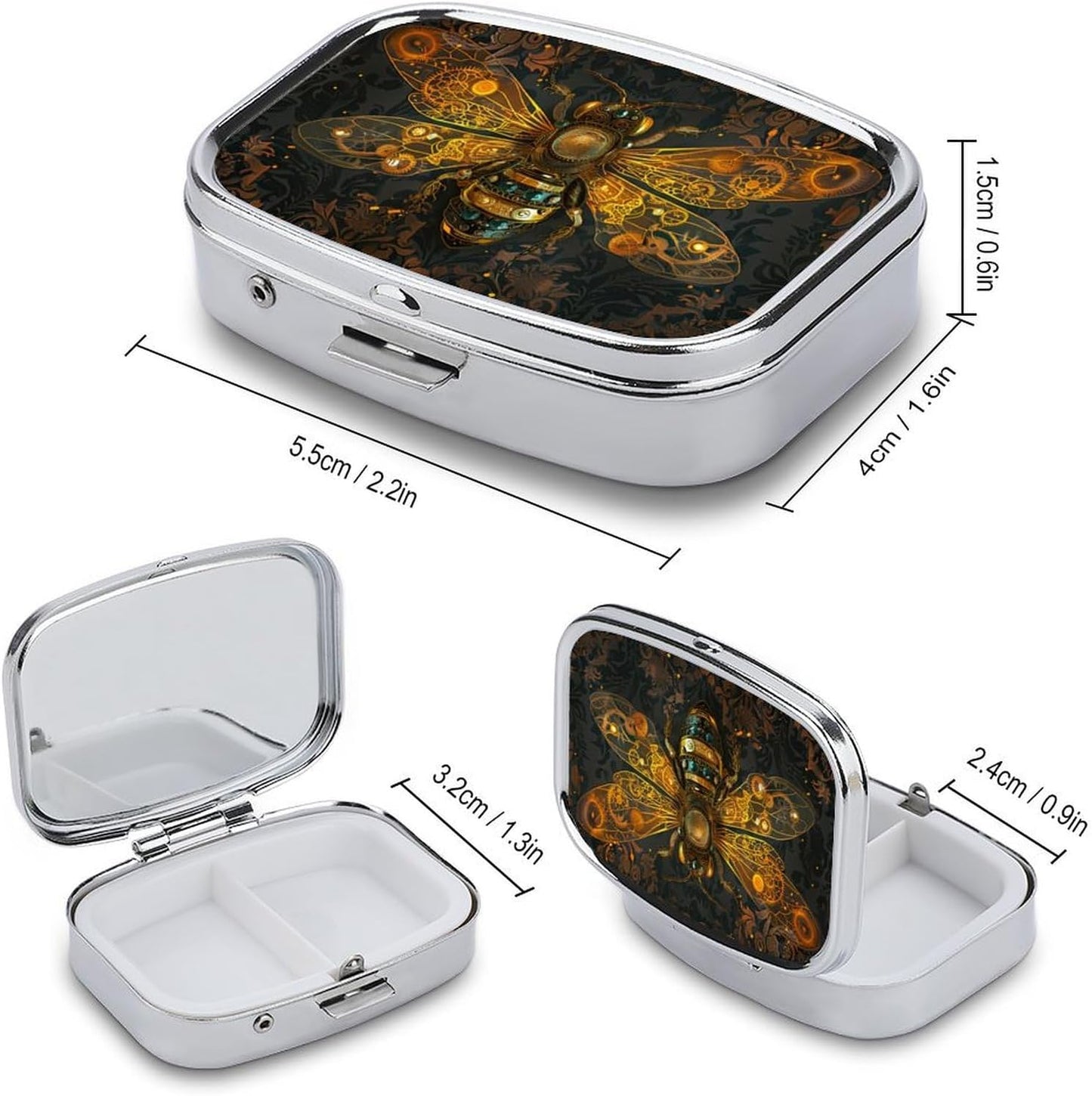 Metal 2 Compartment Pill Organizer Travel Friendly Portable Compact Pill Box Cute Pill Case to Hold Vitamins,Fish Oil,Supplements,Meds,Tablet for Purse,Pocket. (Bee)