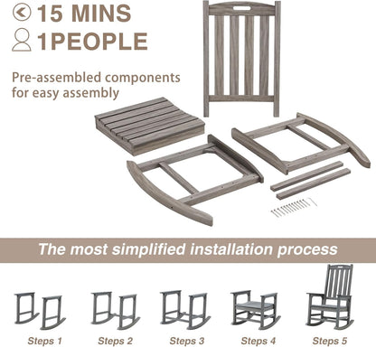 Psilvam Outdoor Rocking Chair Set of 2, Poly Lumber Oversized Rocking Chair with 21" Wide Seat and 32" Tall Backrest, Pre-Assembled with Most Components for Effortless Installation(Light Gray)
