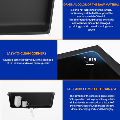 Dcolora 33 Inch Granite Composite Kitchen Sink, Black Undermount Kitchen Sinks Deep Single Bowl, 33"x19", Round Corner, DC-GU7749