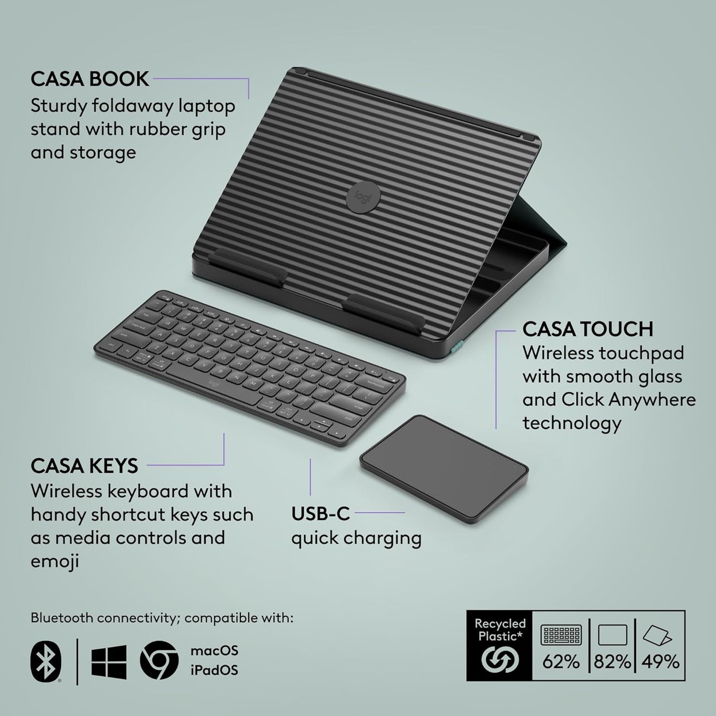 Logitech Casa Pop Up Desk Kit - Adjustable Laptop Stand for Desks, Wireless Keyboard & Touchpad, Bluetooth, USB C Charging, Classic Chic, Green/Black