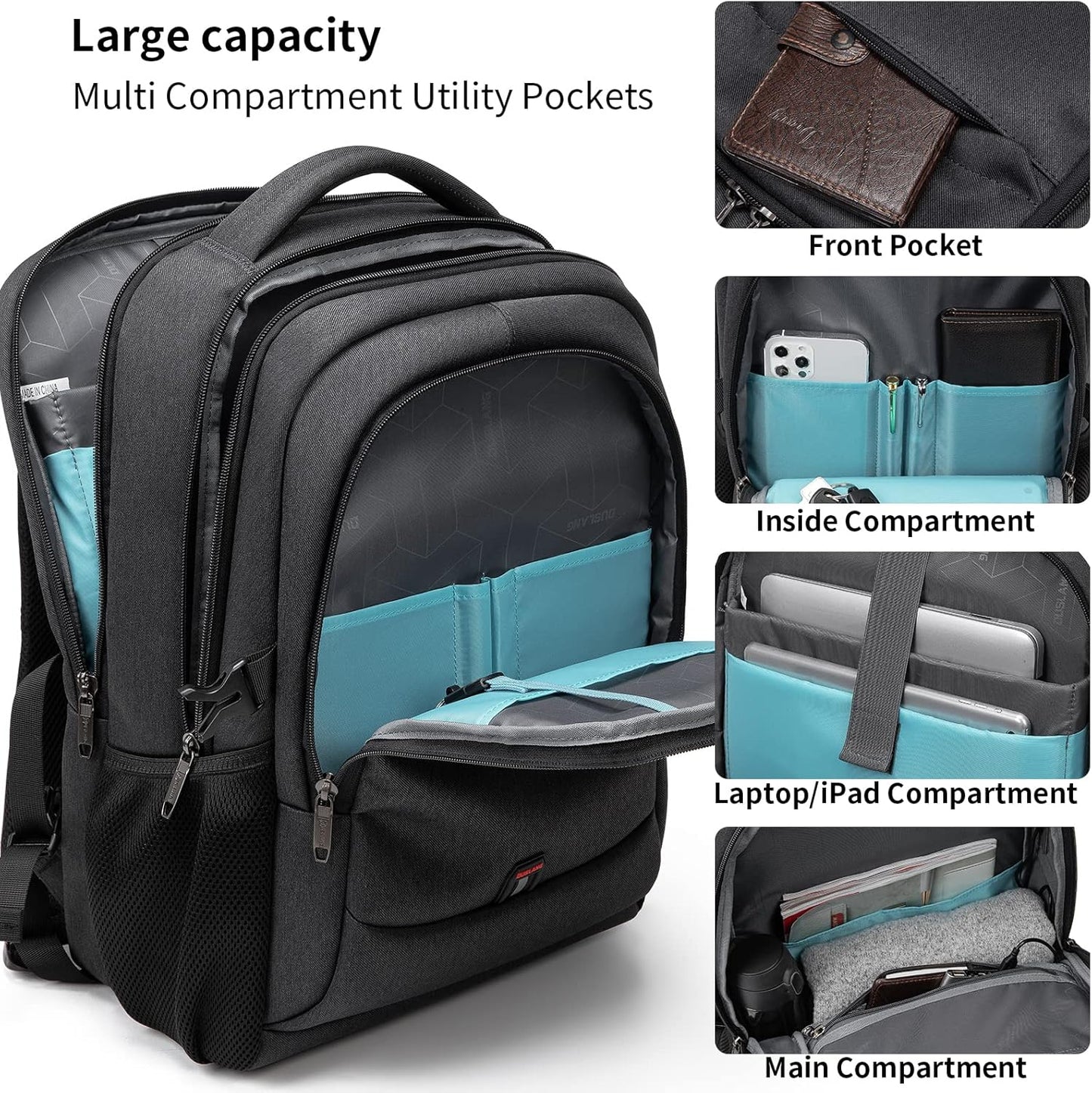 DUSLANG 17 Inch Laptop Backpack for Travel Water Resistant College Backpack for Men/Women Laptop Bag with USB Charging Port and Flower Keychain for backpack, Black