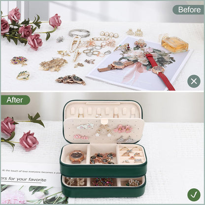 DesignSter Small Travel Jewelry Box with Double Zipper, 2 Layers PU Portable Jewelry Case for Women and Girls,Travel Jewelry Organizer for Rings, Earrings, Necklaces, Bracelets,Dark green