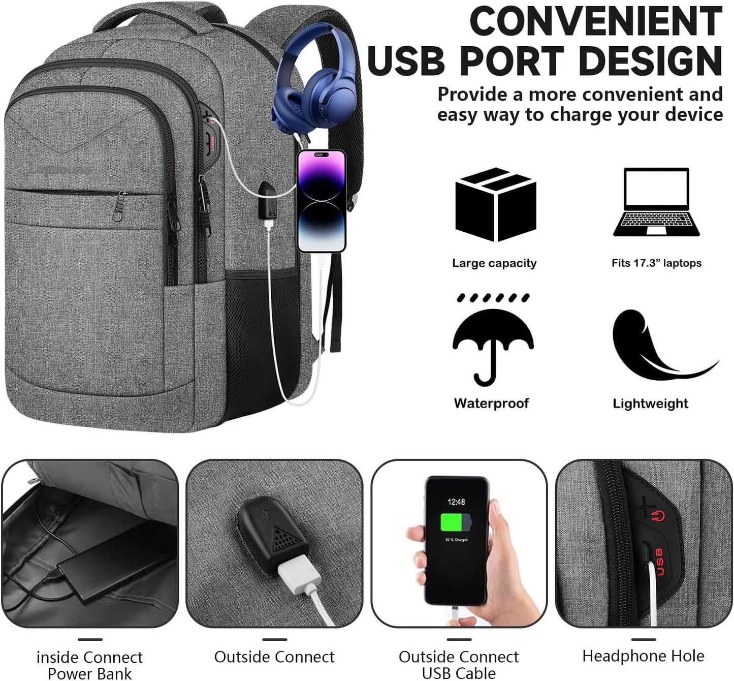 Lapsouno Extra Large Laptop Backpack, 17 Inch Carry on Travel Backpack, Anti-Theft College School Computer Bag with USB Port, Gift for Men Women, Grey