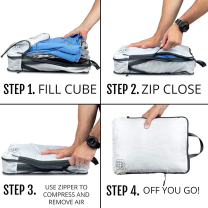 Large Compression Packing Cubes 6 Piece Set for Travel with Lightweight Laundry Bag for Carry-On Suitcase by TRIPPED Travel Gear (White)