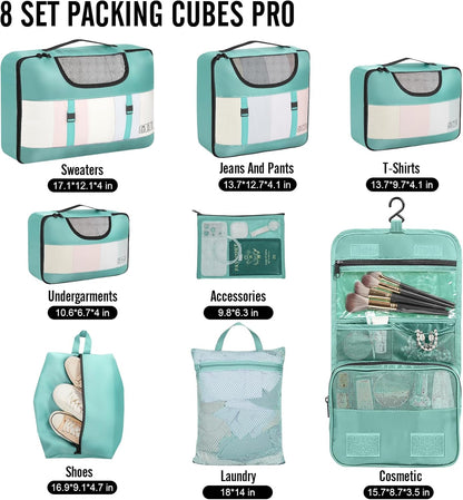 Veken 8 Set Packing Cubes for Travel Essentials, Suitcase Organizer Bags in 4 Sizes, Carry-On Luggage Accessories with Large Laundry & Hanging Toiletry Bag, Must-Have for Airplane, Road Trip & Camping