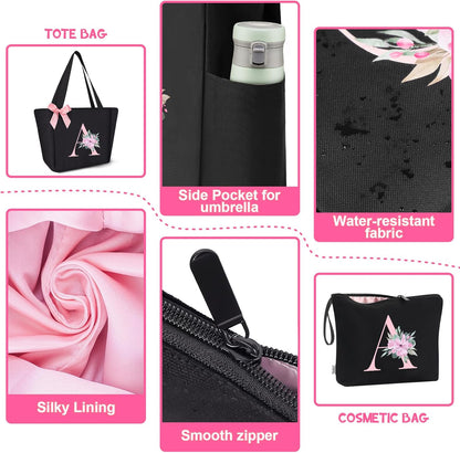 Vavabox Tote Bag, A-Z Initial Monogrammed Waterproof Tote Bag, Bridesmaid Gifts for Women, Black and Pink