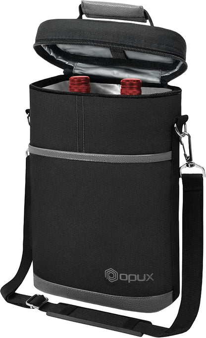 OPUX 2 Bottle Wine Carrier Tote, Insulated Leakproof Wine Cooler Bag, Wine Travel Bag Tote for Picnic BYOB Beach, Portable Wine Bottle Carrying Case, Gift for Wine Lover Women Men Christmas, Dark Grey