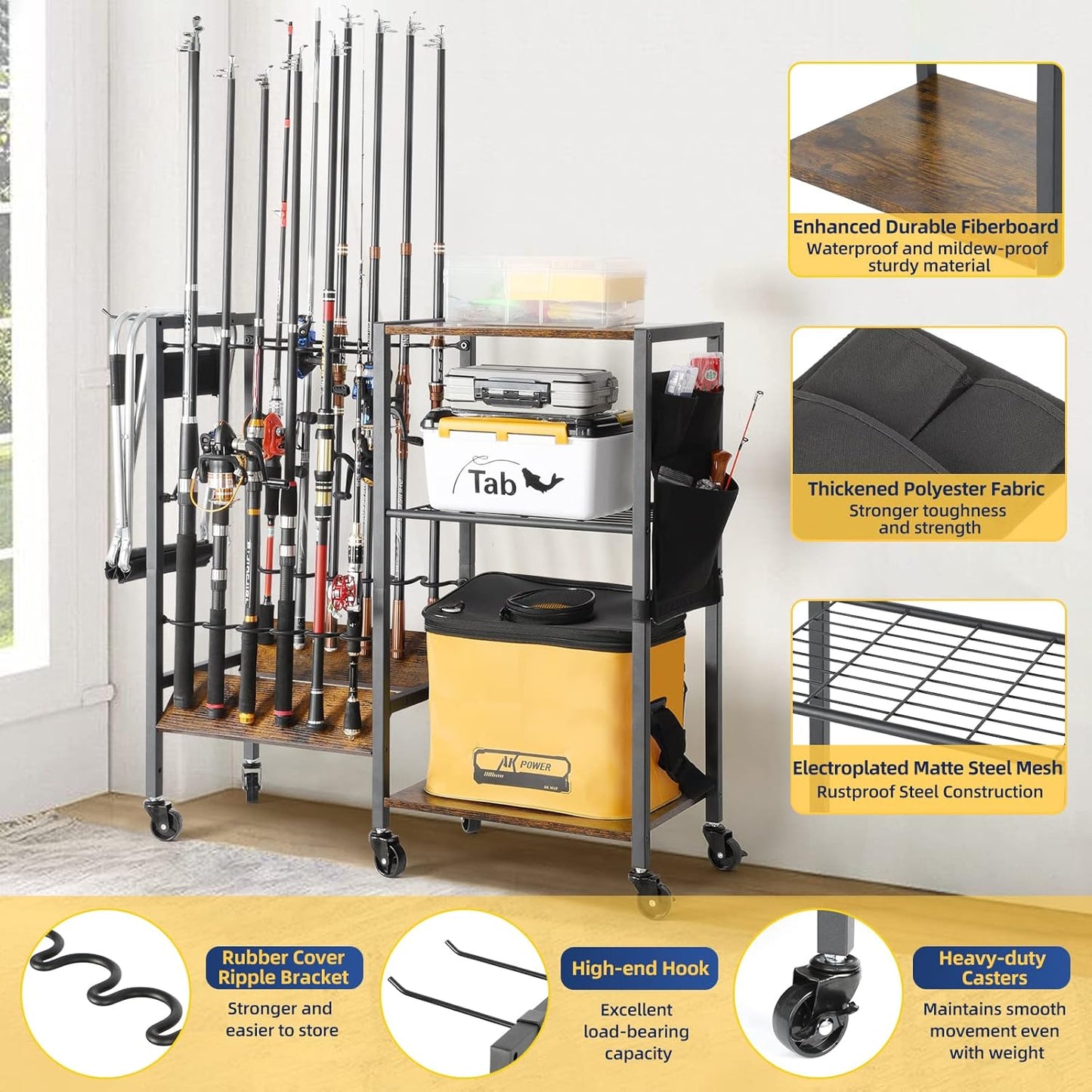 Olakee Fishing Rod Holder, Fishing Pole Holders for Garage Boat Home Entryway Fishing Gear Storage with Tackle Cart Ideal Gift for Men Dad Anglers Corner Design for Rods and Equipment Organizers