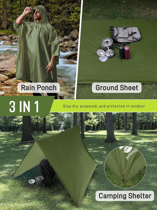 SaphiRose Extra Thick Hooded Rain Poncho Double Layer Waterproof Raincoat Jacket for Men Women Adults